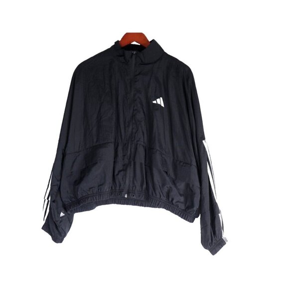 Adidas Women Medium Black Windbreaker Full Zip 3 Stripe Nylon Back Pocket Jacket - Picture 12 of 12